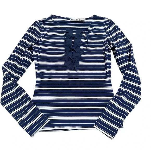 Energie Tops - Y2K Energie Navy and white striped long sleeve top lace up detail size medium